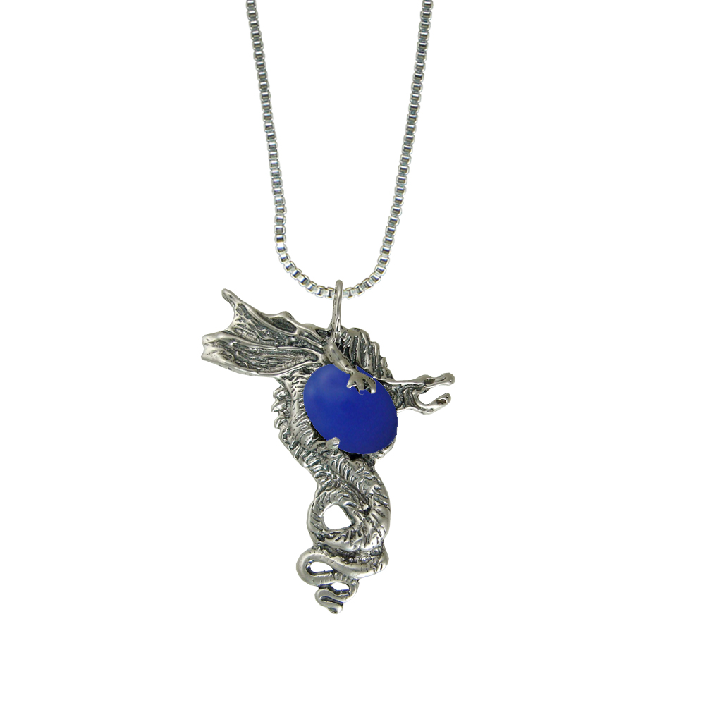 Sterling Silver Warrior Dragon Pendant With Blue Onyx